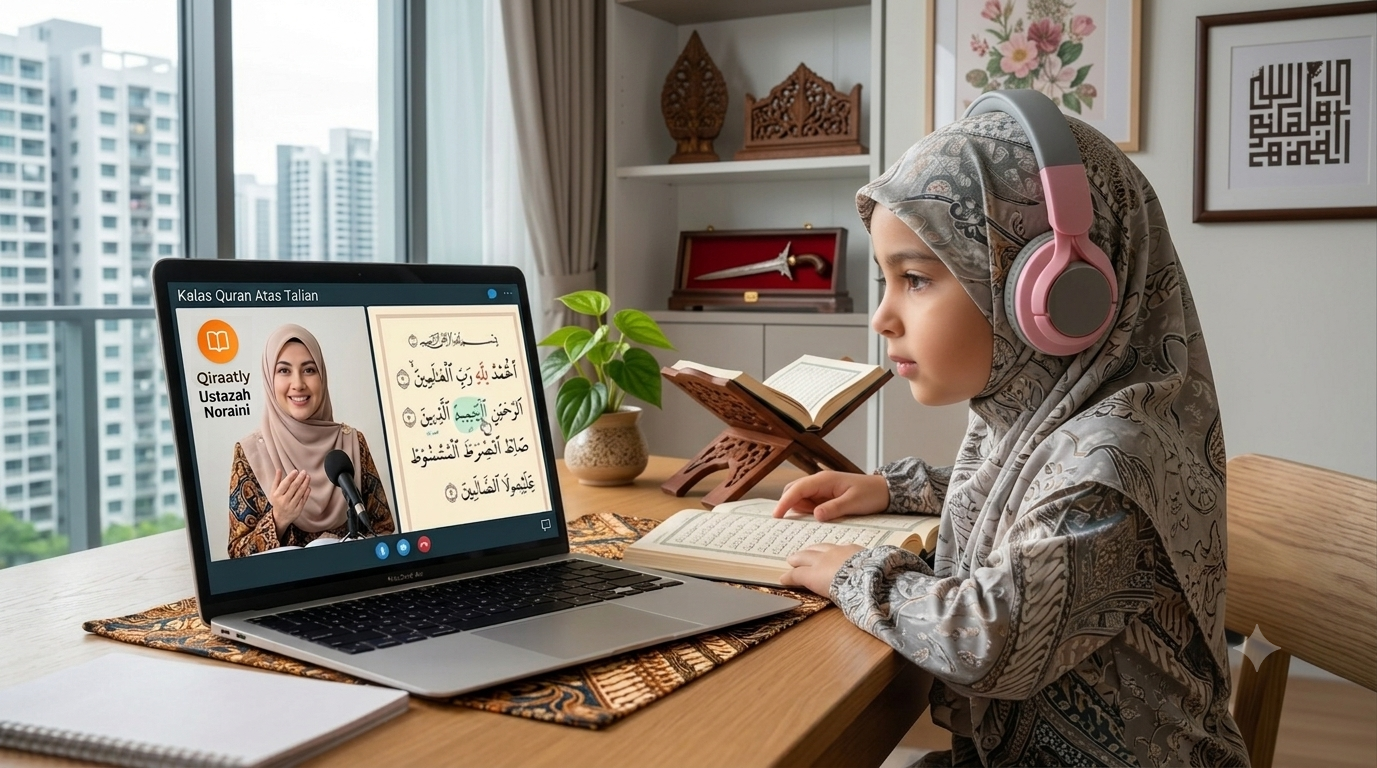 A young Singaporean student wearing a hijab learning Quran online with a certified Qiraatly tutor